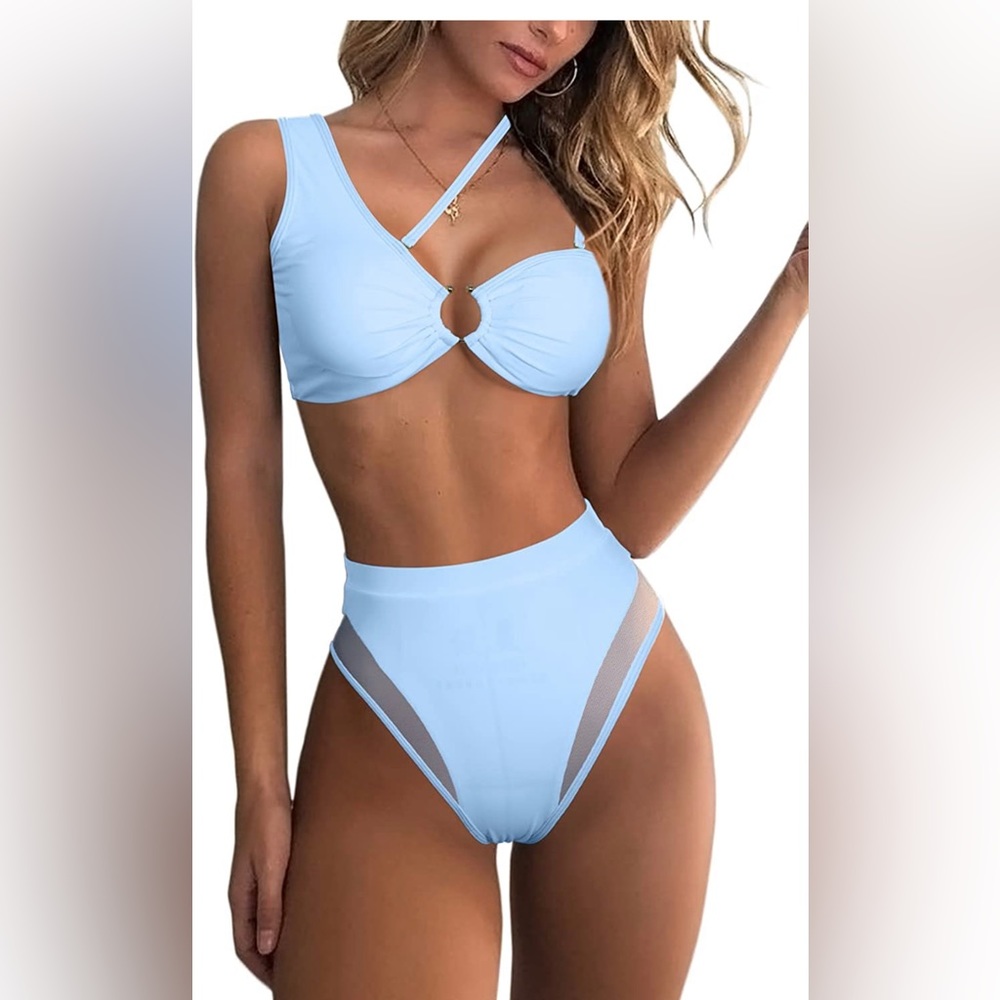 Women's Two Piece Swimsuits One Shoulder Ruched Bikini Top High Waisted Mesh